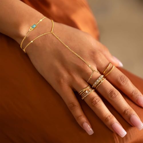 Birthstone Hand Chain Bracelet for Women Gold Dainty Finger Ring Bracelet Hand Chain Stackable Ring Link Chain Charm Bracelet Set Hand Jewelry Gifts Trendy3