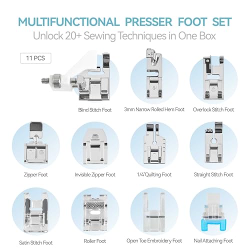 Qeykizy 11 Pcs Sewing Machine Presser Feet Kit, Rolled Hem Feet, Invisible Zipper Foot for Low Shank Sewing Machine, Snap on Feet Compatible with Singer, Brother, Janome, Babylock, Juki, Kenmore