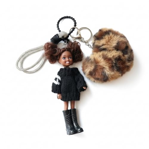 Y2K Retro Doll Bag Charm, Handmade Crochet Sweater Doll Keychain with Leopard Pom Pom & Rhinestone Strap, Edgy Streetwear Accessory for Bags & Keys