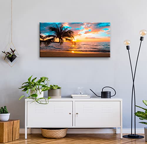 Beach Canvas Wall Art,Landscape Canvas Wall Art, Sunset On Ocean,Ocean Beach Picture, Palm Tree Nature Landscape Abstract Wall Art For Living Room, Bedroom, Kitchen, Bathroom, Wall Decor, 20X40Inch #TOP1