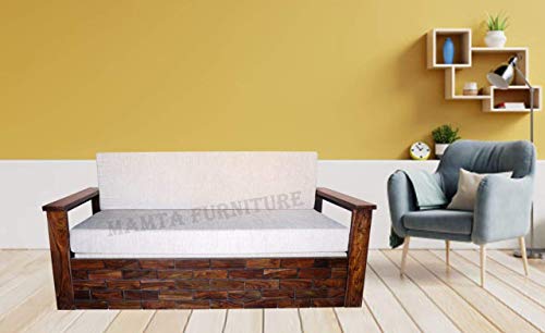 Image of Mamta Furniture Wooden Solid Sheesham Wood 3 Seater Sofa Set with Cushions (3 Seater Sofa, Natural Finish, Beige)