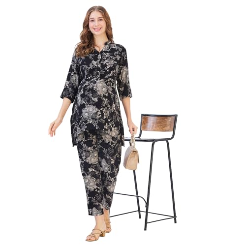 Image of AV2 Women Cotton Maternity|Nursing|Feeding Printed Tunic & Bottom Coord Set Black Small 2426