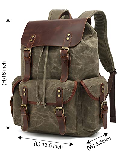 Image of HuaChen Vintage Waxed Canvas Backpack with Genuine Leather Flap, Travel & Work Rucksack, Water-Resistant Daypack with Anti-Theft Pocket, Large /X-Large (15.6 /17.3 inch Laptop), M80 Army Green