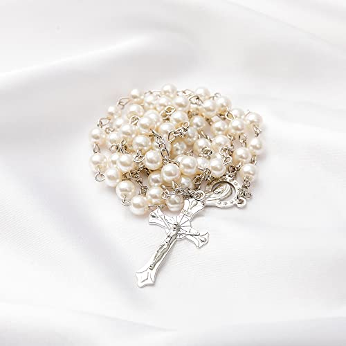 Rosary Beads Catholic - Confirmation Gifts for Teenage Girl, Silver Simple Style Metal Gift Box, White Artificial Pearls Rosary, Gifts for Women 5