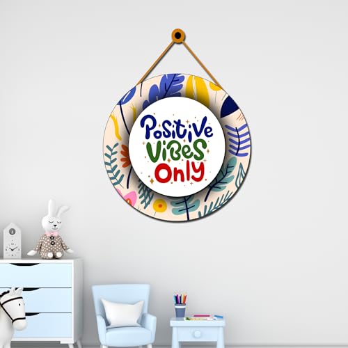 Image of GENXTRA Positive Vibes Only Round Hanging Wall Decor - Colorful Motivational Wooden Sign for Home & Office