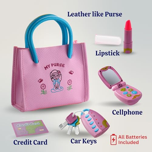 Playkidz My First Purse â€“ Pretend Play Princess Set for Girls with Handbag, Flip Phone, Light Up Remote with Keys, Play Lipstick & Kids Credit Card â€“ Great Educational Toy for Fun & Learning