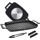 Stone&Stone Plancha Grill Inducción 47 cm Rectangular, Parrilla BBQ Antiadherente con Pinza, Revestimiento Cerámico Alemán, Base de Acero Completo, Apta para Gas y Horno, Sin PFAS, PFOA ni PTFE
