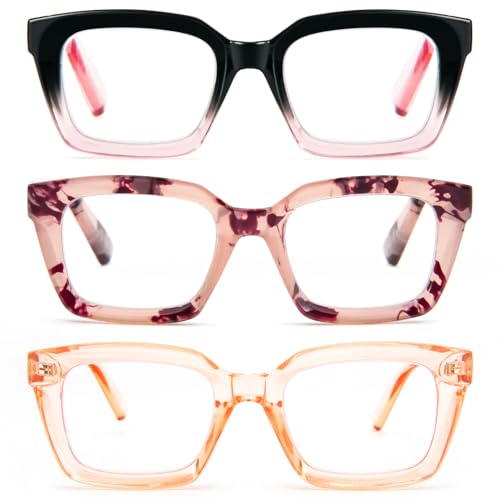 Image of REAVEE 3 Pack Oversized Reading Glasses for Women Men Blue Light Blocking, Ladies Stylish Retro Square Large Computer Readers (Pink Leopard /Black Pink /Tea 2.5x)