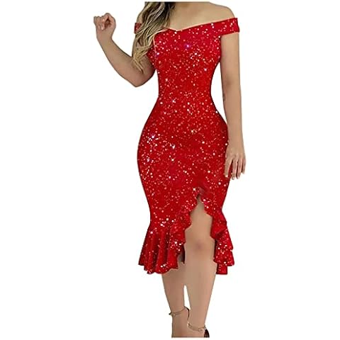 Summer Dresses for Women 2024 Off The Shoulder V Neck Midi Bodycon Slit Ruffle Sequin Dress Spring Fashion Casual Formal Party Club Wedding Guest Cocktail Mother of The Bride Sexy Wrap Dresses Red L Cover