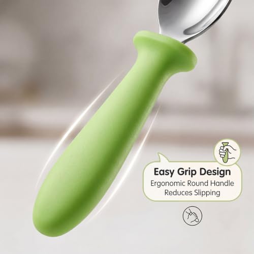 Image of Pimoys 6 Pieces Toddler Utensils Forks and Spoons Kids Silverware Set Stainless Steel Toddler Silverware - Plastic Handle for Self-Feeding Training Daily Meals and Travel Use Dishwasher Safe