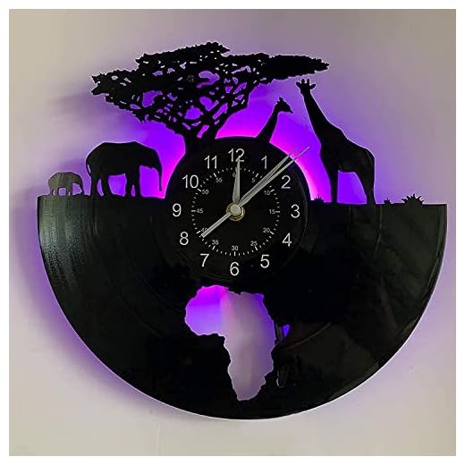 African Wildlife Wall Clock Giraffe, Elephant|Led Light - Vinyl Records Clock Lamp Decoration for Living Room - DIY Safari Animals Lamp - Very Suitable for Children's and Men Birthday Gift