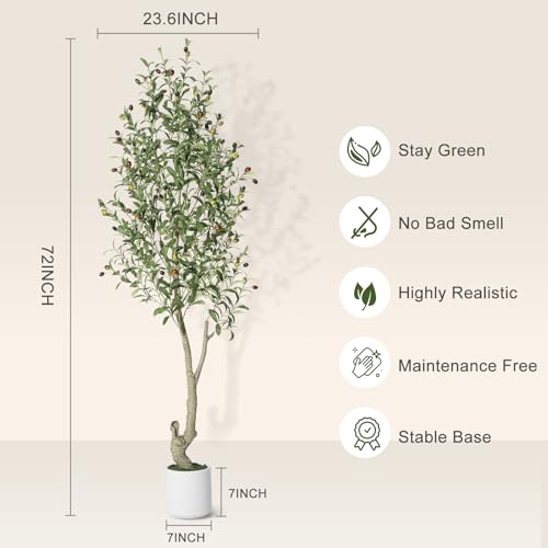 GarveeHome Faux Olive Tree 6ft, Olive Trees Artificial Indoor with White Planter, Artificial Silk Plants with Green Leaves and Big Fruits for Home Office DéCor Living Room Bedroom Stairs Foyer,1 Pack