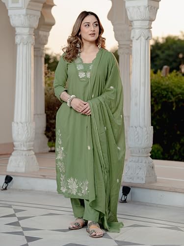 Image of Arayna Women's Pure Cotton Embroidered Kurta Pant Dupatta Set | Straight Kurta with Floral Embroidery | Ethnic Suit Set for Women