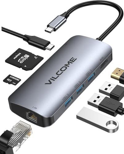 Vilcome 8-in-1 USB C Hub Adapter With 4K HDMI, SD/TF Card Reader, Ethernet, 3 USB 3.0 Ports, 87W Power Delivery for MacBook Pro, iPad Pro 2019/2018, Pixelbook, XPS, and More