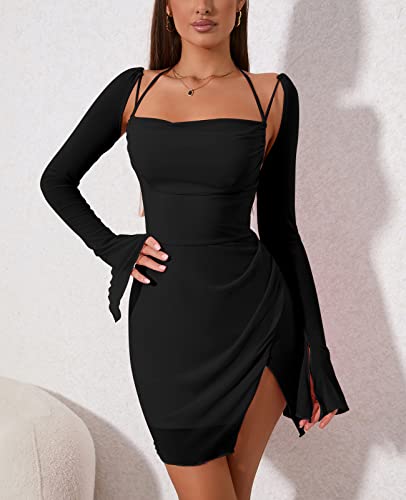 HTZMO Sexy Women's Halter Flounce Sleeves Ruched Mini Dress Sheer Mesh Side Split Cute Party Short Dresses3