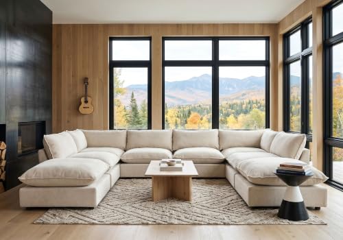 Iroomy Modular Sectional Sofa Oversized Chenille Cloud Couch Deep Comfy Seat 8-Seater Sofas Couches for Living Room Beige Round Feet