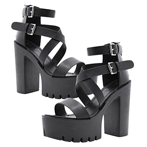 Eringogo Platform Sandals Platform Heels Womens Strappy Sandals Ankle Buckle Pumps, Platform Open Toe High Heel Booties With Back Zip Up, Gothic Punk Cross Heeled Shoes Girls Sandals Platform Heels #TOP25