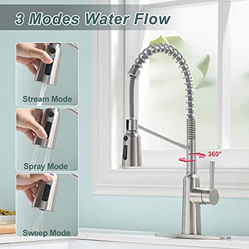 Kitchen Sink Faucet With Pull Down Sprayer Ouen Single Handle Brass Structure Faucet For 1 Or 3 Hole Deck Mounted Brushed Nickel 19.5 Inches Height #TOP2