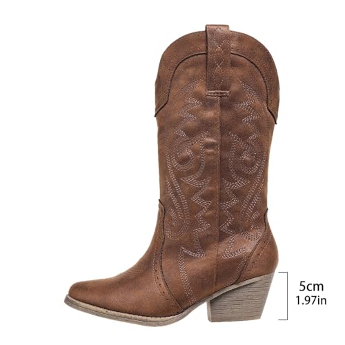 Image of SelRoys Cowboy Boots for Women Cowgirl Mid Calf Western Pointy Toe Boots Embroidered Stitched Chunky Heel Red Brown US5-11