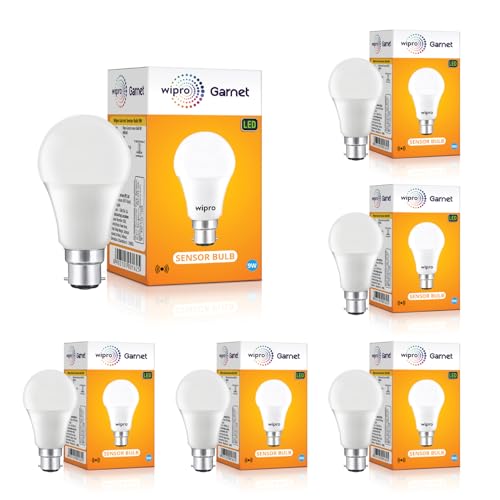 Image of wipro Garnet 9W Motion Sensor LED Bulb for Modern Home | 4 Meter Radius Sensor Area | Auto Off After 60 Seconds Inactivity | Cool Day White (6500K) | Pack of 6