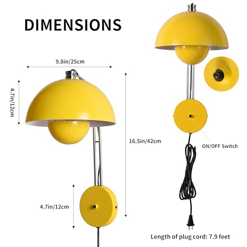 Image of Mid-Century Modern Bud Plug in Wall Sconces for Bedroom, Lemon Yellow | Indirect lighting reading wall lamp, all-metal construction, plug-in or hardwired install, fits bedroom bedside, living room