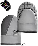 Mini Oven Mitts, Kitchen Oven Gloves Kitchen Mittens 500 Degrees Heat Resistant Baking Gloves, Non-Slip Silicone Surface with Hanging Loops Hot Gloves for Cooking, Baking, BBQ 1 Pair-Gray