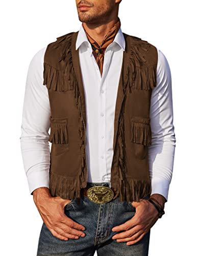 Chaleco con flecos de piel de ante Coofandy para hombre en marrón talla S