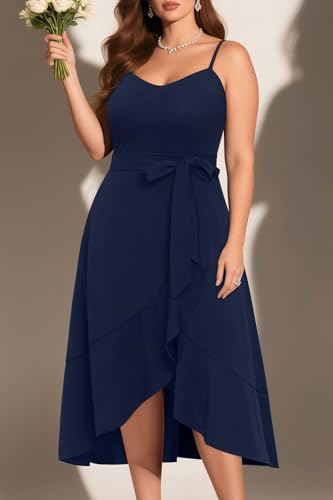 Image of Pinup Fashion Plus Size Cocktail Party Wedding Guest Semi Formal Midi Dress | Sexy V-neck, adjustable spaghetti strap, belted waist, fit and flare, flowy high-low ruffle hem, ideal for prom, homecoming