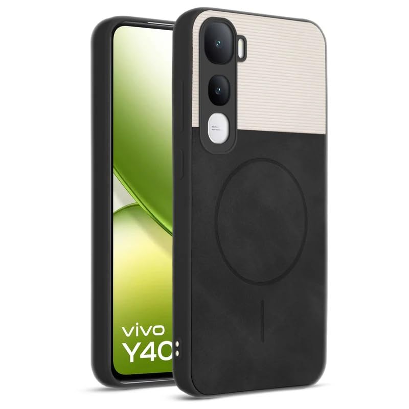 Image of Bintage case Dual-Leather Macc-Safe Design Phone Case| Soft Touch Finish | Full Camera Protectection Back Cover Compatible for Vivo V2506 / Vivo Y400 5G - White & Black