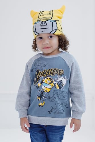 Transformers Toddler Boys' Graphic Raglan Pullover and Knit Beanie Outfit Bumblebee Blue Grey 2T - image 5