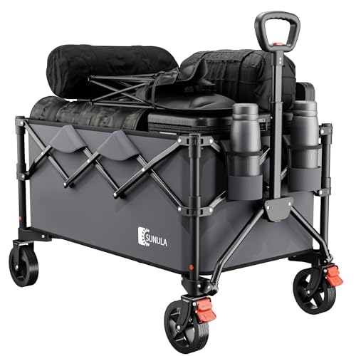 Sunula Festival Trolley with Brake - 250L Capacity & 330LB, Heavy Duty Folding Camping Wagon, All-Terrain Wheels, Patented 4-Way Folding, One-Click Adjustable Handle, Pull-Along Beach Cart - Grey