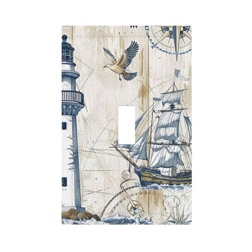 JDAKHD Nautical Sailboat Lighthouse Light Switch Cover Plate Coastal Compass Anchor 1 Gang Decorative Wall Plate Single Toggle Outlet Switch Faceplate Cover Bathroom Bedroom Kitchen
