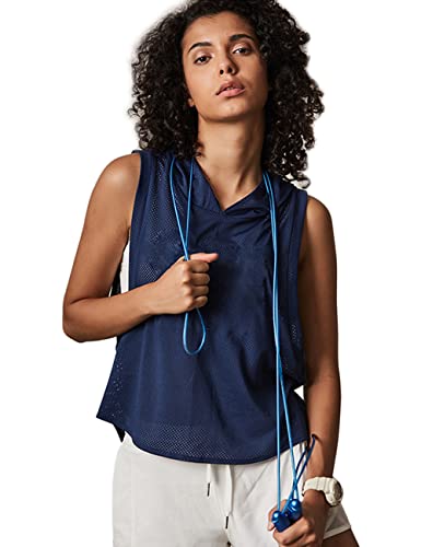 Women's Fitness Sleeveless Mesh Hoodie Sports Running T-Shirts Workout Tops Navy Blue S
