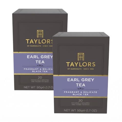 Taylors of Harrogate Earl Grey, Black Tea, Individually Wrapped Bags, Fragrant, Delicate &amp; Light, Caffeinated, Enjoy Hot or Iced,Teabags, 20 Count (Pack of 2)