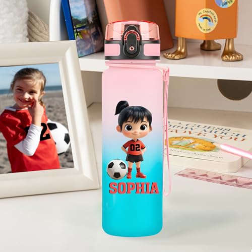 Image of callie Personalized Soccer Water Bottle for Kids, Custom Cartoon Character Leak Proof Sport Bottle for Boys Girls, Soccer Gifts for Children, 17 oz, 22oz, 34oz