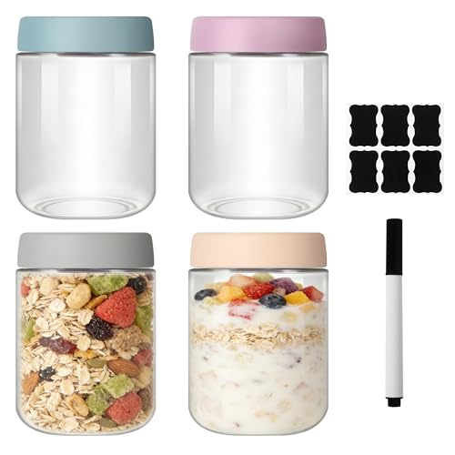 ACOMTUO 4 Stück Overnight Oats Gläser, 500ml Einmachgläser mit Schraubdeckel Prep Gläser, Luftdichte, Wide Mouth Glas, Joghurtsnacks Obst, Müsli, Salat Dressing, Saft, Sauce, Getreide-Leck Proof