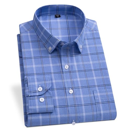 Men Plaid Casual Oxford Shirt Lapel Long Sleeve Pocket Striped Business Dress Shirt2