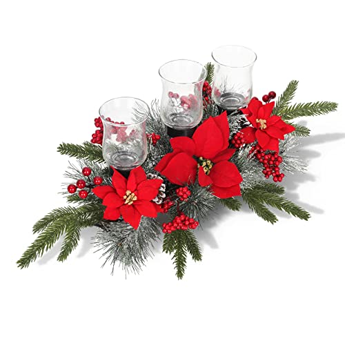 Christmas Table Centerpieces Decorations, 21 Inch Candelabrum with 3 Glass Candle Holders Designed Artificial Poinsettia, Red Berries and Snowy Pine Cones for Dining Room Table, Fireplace Mantel Christmas Table Centerpieces Decorations, 21 Inch Candelabrum with 3 Glass Candle Holders Designed Artificial Poinsettia, Red Berries and Snowy Pine Cones for Dining Room Table, Fireplace Mantel
