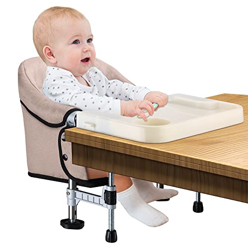 Image of Hook on Chair with Removable Dining Tray, Portable Clip on High Chair Use at Most Tables, Table Attached high Chair with Carry Bag, Fast Table Chair Travel Feeding Seat for Baby & Toddlers (Brown)