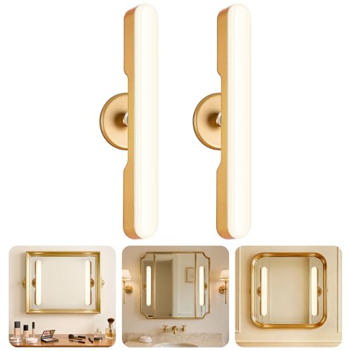 Image of cambk Set of 2 Wireless Vanity Makeup Lights for Mirror, Rechargeable LED Stick On Light Bar for Bathroom Mirror with Dimmable 3 CCT, Long Battery Life Cordless Light for Vanity Desk(Gold)