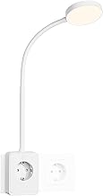 ENUOTEK White LED Reading Lamp with Plug and Power Socket, Plug Lamp with USB and Type C Output, Adjustable Wall Flex with Touch Control, 3 Light Colours, 4.5W 400LM