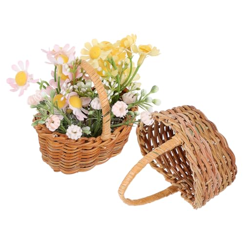 HOMOCONO 2 unidades de mini cestas de ratán con asa, pequeñas cestas de flores trenzadas para decoración y regalos de fiesta