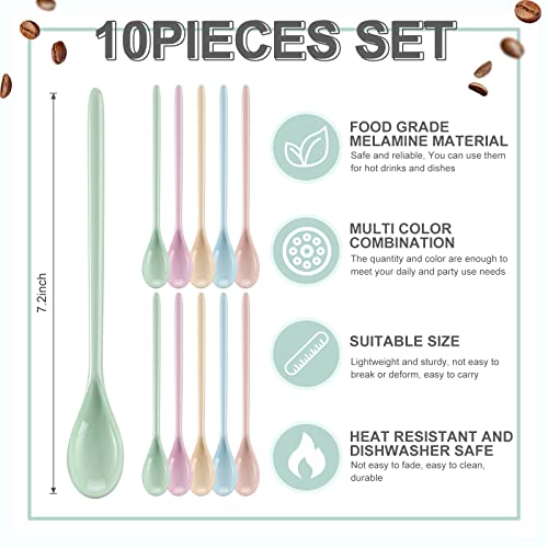 Lallisa 10 Pcs Melamine Long Handle Spoon 7.2'' Colorful Coffee Stirring Spoons Reusable Cute Long Plastic Spoons Mixing Iced Tea Spoons For Ice Cream Sundae Latte Chocolate Cocktail, Dishwasher Safe #TOP1