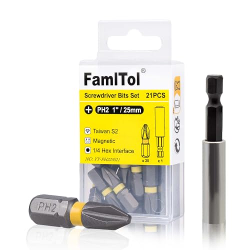 Image of FamlTol 20Pcs PH2 Impact Driver Bits 25mm with 1 Magnetic Impact Bit Holder | Screwdriver Bits, Insert Bit,S2 Steel Cross Head Drill 1/4" Hex Shank for Construction, Woodworking, and Automotive, DIY
