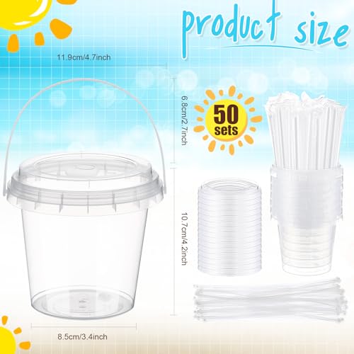 Funnymoom 50 Set 24oz Clear Plastic Drink Buckets with Lids and Straws Disposable Iced Coffee Cups Rum Buckets for Cocktail Parties Smoothie Cup Bulk with Handles for Beach Pool Party Supplies