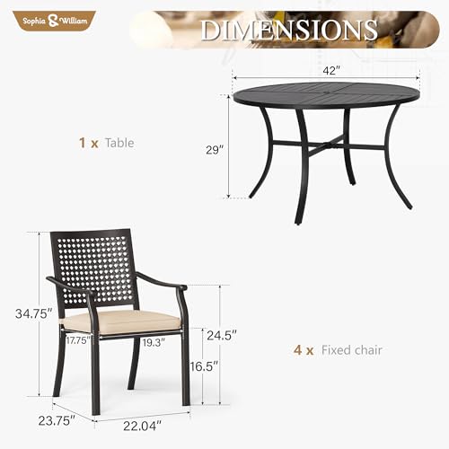 Image of Sophia & William Round Patio Table and Chairs Set, Outdoor Dining Set for 4, 5 Piece Metal Patio Furniture, 42 inch Black Table(Beehive)