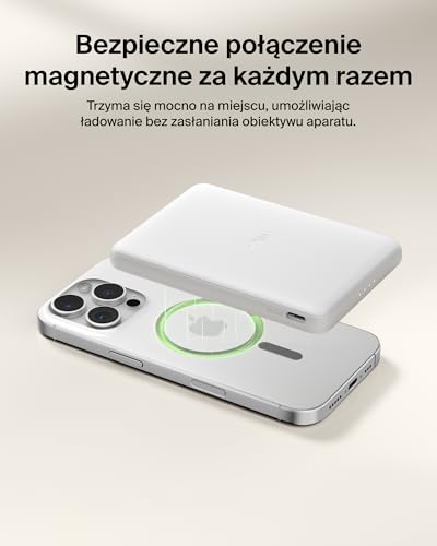 Belkin BoostCharge Magnetyczny Powerbank 5000mAh, Smukła Ładowarka z Pierścieniem Magnetycznym i Portem USB-C, do iPhone'a, Galaxy, Pixelsnap, iPad, Tabletu – w Zestawie Kabel USB-C – Biały