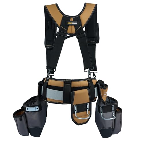 Image of MELOTOUGH 28-Pocket Pro Framer's rig Combo Apron Tool Belt and Heavy Duty Padded Suspenders with Magnetic Desinger for Technician /Carpenter /and Electrician's Tools (Khaki)