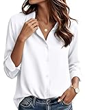 HOTOUCH White Button Down Shirt Women Satin Silk Basic V Neck Solid Blouse Long Sleeve Work Dressy Casual Tops M
