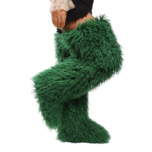 Image of Black Thigh High Fur Boots, Over the Knee Fluffy High Boots, Tall Furry shoes for Women